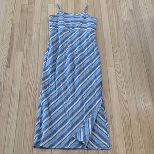 Lou & Grey 100% Linen Striped Smocked Sleeveless Maxi Dress Size Medium Blue